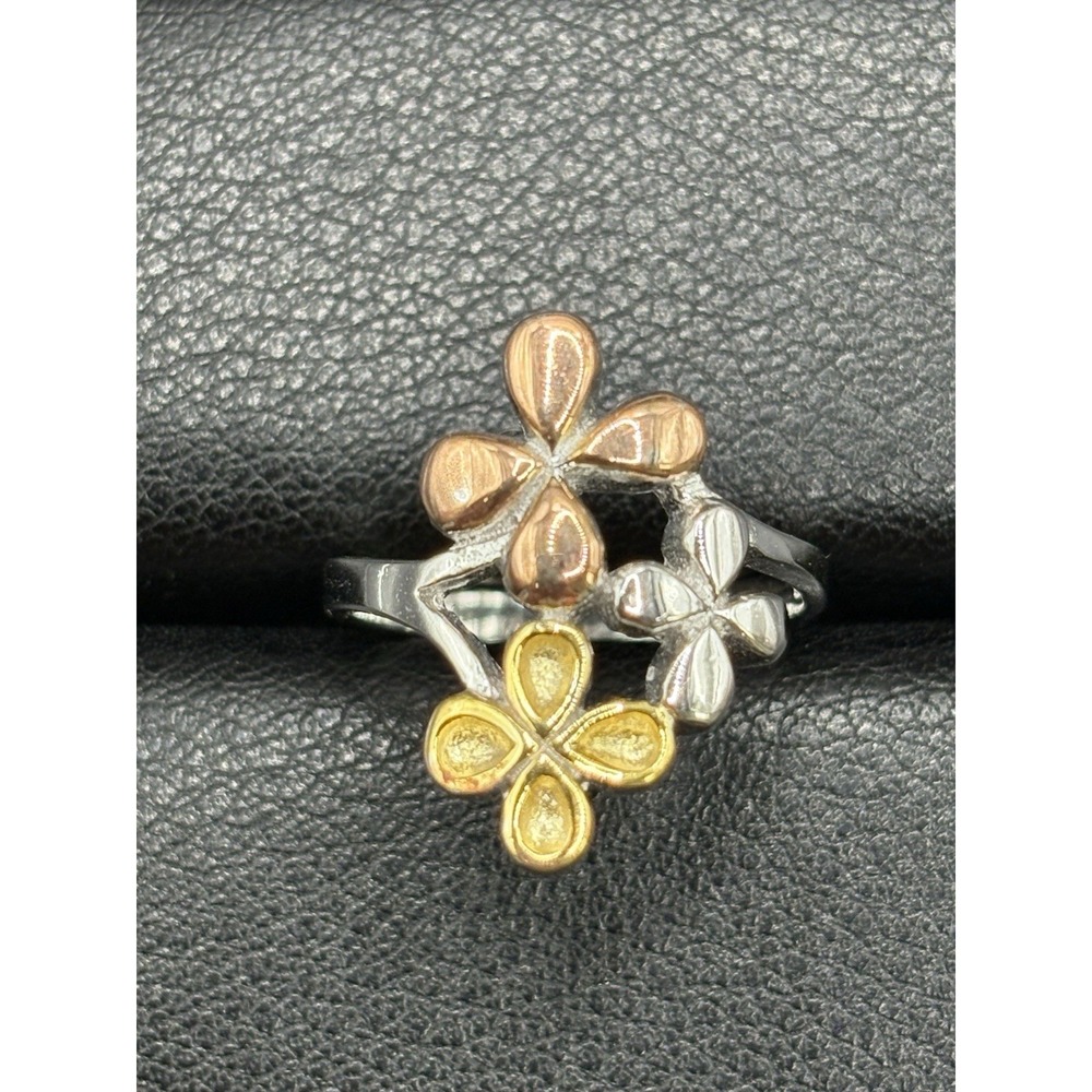 New Condition Sterling Silver Rose Gold Tri Color Plumeria Ring Size 7 D29